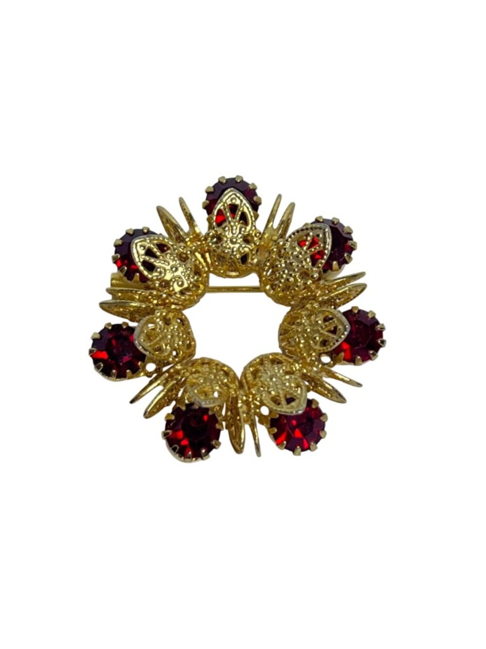 Gold Tone And Red Rhinestone Wreath Brooch With Matching Clip On Earrings (6424) - Picture 5 of 11